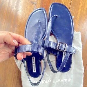 Manolo Blahnik Patent and Leather Navy Thong Buckle Sandal 37 1/2